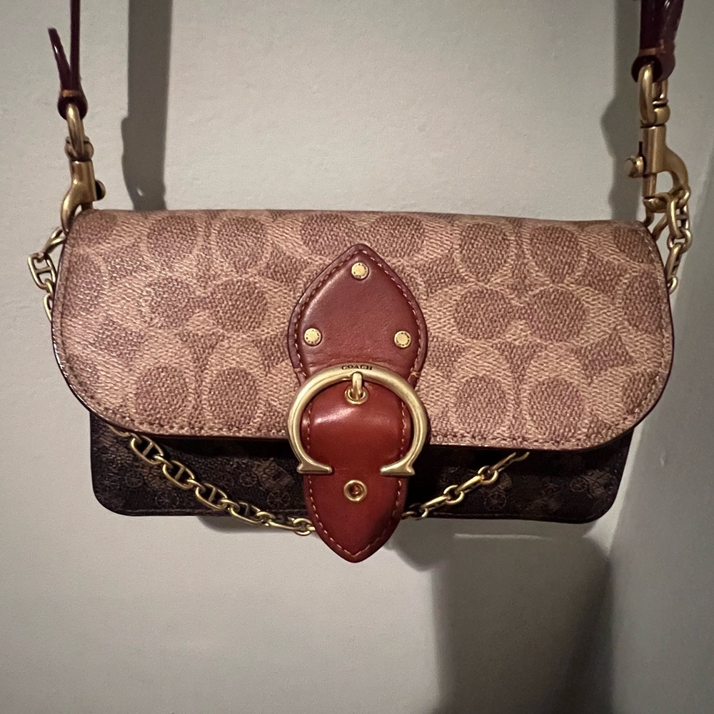 Coach Brown and Tan Crossbody Bag with Signature Monogram